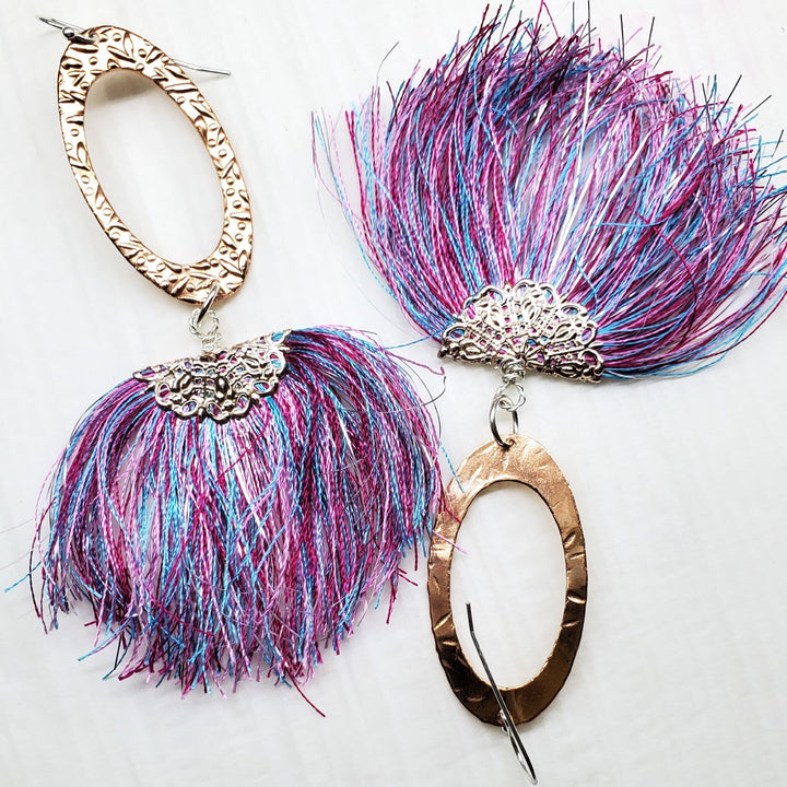 AMD1292-ALong Copper Embossed Pink and Purple Silk Tassel EarringsJewelryEarrings$ 57.00Alexa Martha Designs