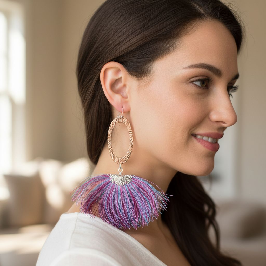 AMD1292-ALong Copper Embossed Pink and Purple Silk Tassel EarringsJewelryEarrings$ 57.00Alexa Martha Designs