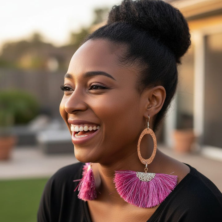 AMD1292-ALong Copper Embossed Pink and Purple Silk Tassel EarringsJewelryEarrings$ 57.00Alexa Martha Designs