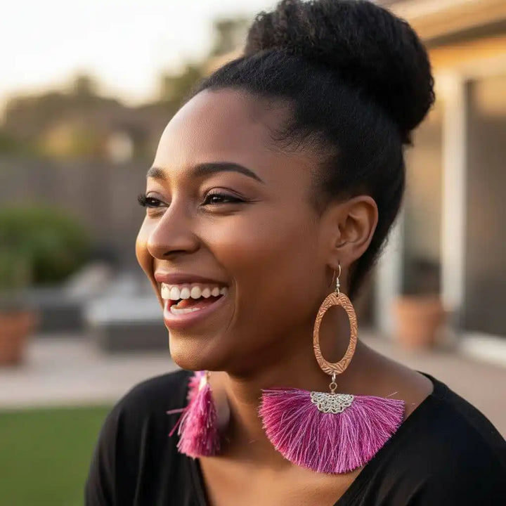 AMD1292-ALong Copper Embossed Pink and Purple Silk Tassel EarringsJewelryEarrings$ 57.00Alexa Martha Designs