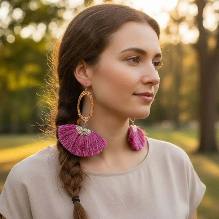 AMD1292-ALong Copper Embossed Pink and Purple Silk Tassel EarringsJewelryEarrings$ 57.00Alexa Martha Designs