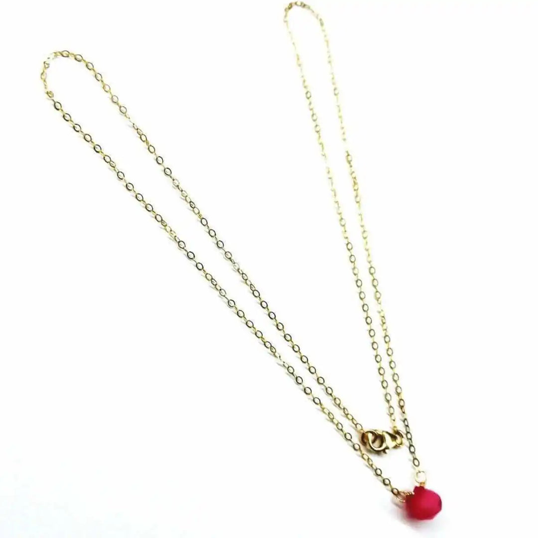 Tiny Hot Pink Chalcedony Gold Filled Necklace with a vibrant pink chalcedony drop on a delicate gold chain.
