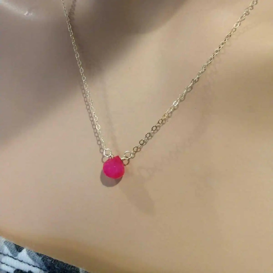 Tiny Hot Pink Chalcedony Gold Filled Necklace featuring a bright pink chalcedony drop on a delicate gold chain.