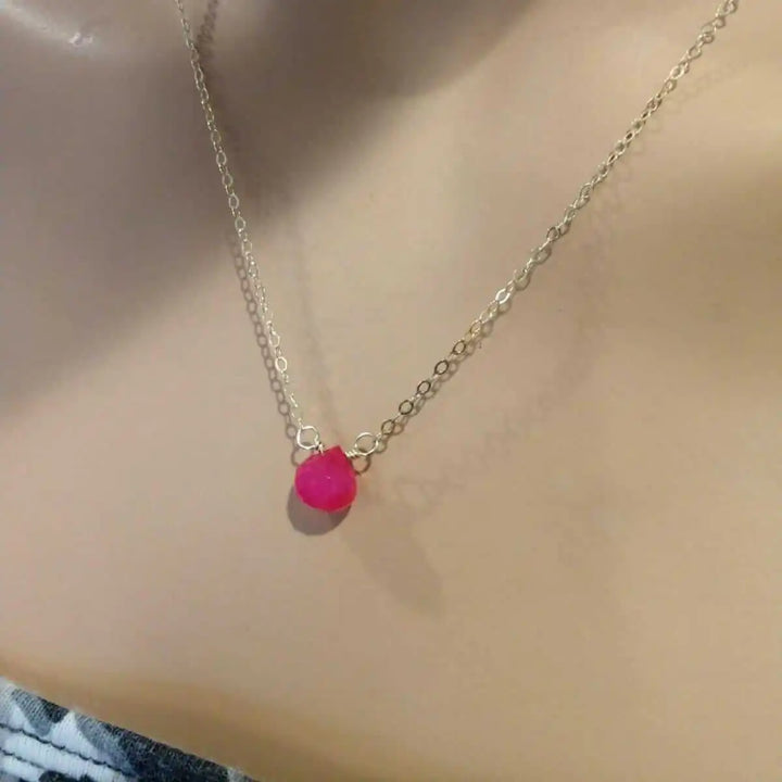 Tiny Hot Pink Chalcedony Gold Filled Necklace featuring a bright pink chalcedony drop on a delicate gold chain.