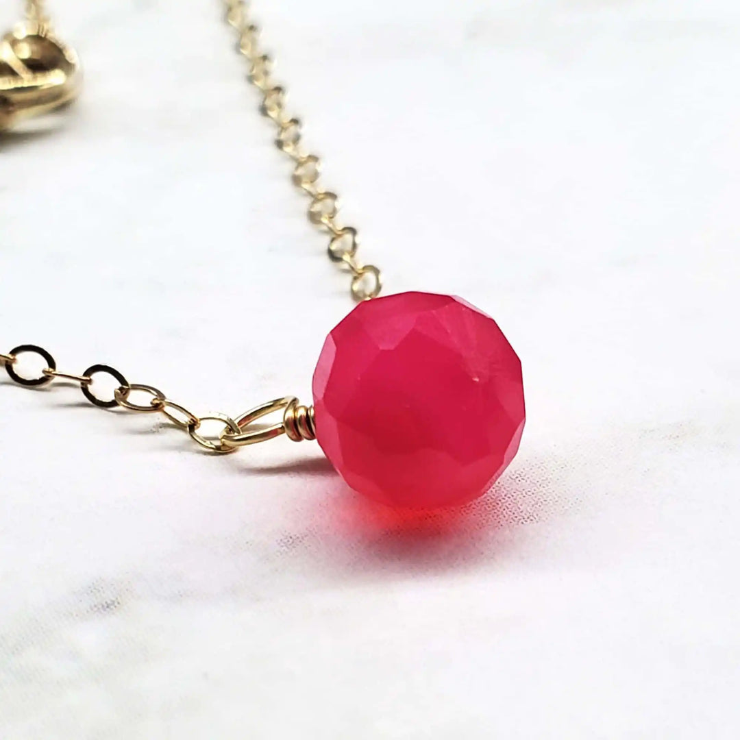 Tiny Hot Pink Chalcedony Gold Filled Necklace featuring a bright hot pink faceted chalcedony drop.