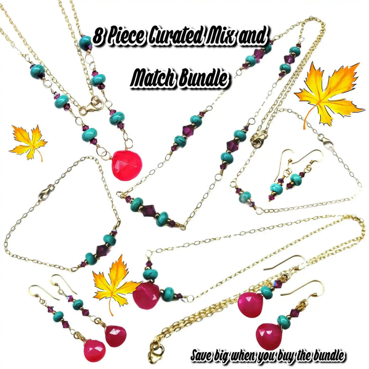 8-Piece Pink &amp; Turquoise Gemstone Jewelry Bundle Save 35% displayed with chains and earrings in a curated mix and match design.