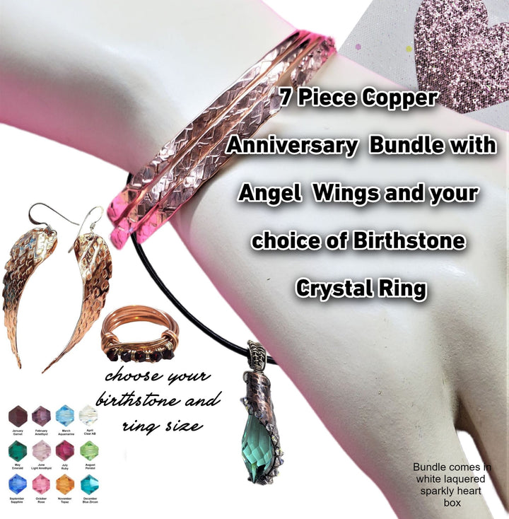 7 Piece Copper Anniversary Angel Wing Birthstone  Crystal Jewelry Bundle