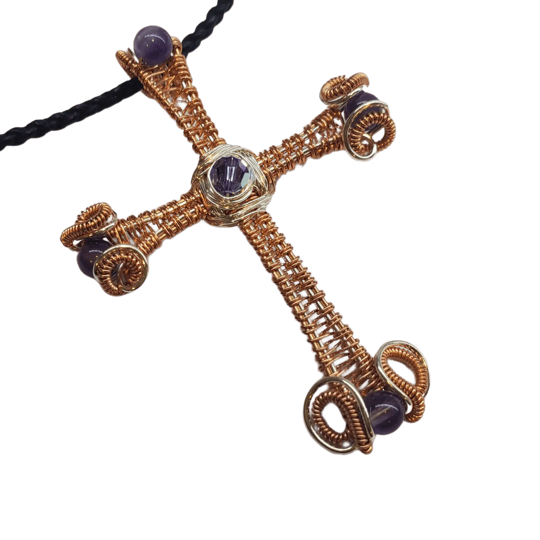 Large Wire Woven Copper Silver Amethyst Cross Necklace featuring intricate wire weaving and purple amethyst details.