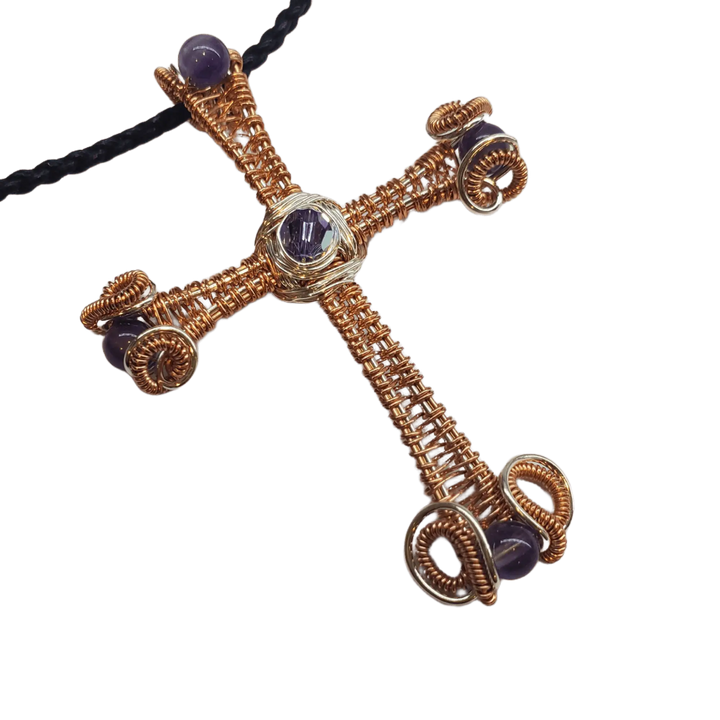 Large Wire Woven Copper Silver Amethyst Cross Necklace featuring intricate wire weaving and purple amethyst details.