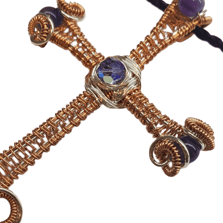 Large Amethyst Wire Woven Copper and Silver Cross Crystal Necklace