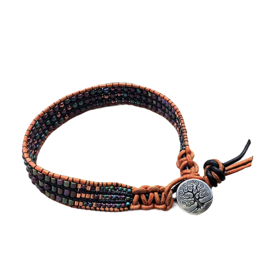 X-Large Leather Intricate Beaded Tree Of Life Button Bracelet