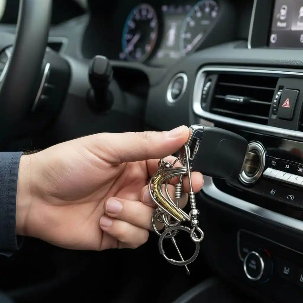 Wire Coiled Birdie Keychain For Him - Limited Edition in hand, attached to car keys, inside a vehicle&