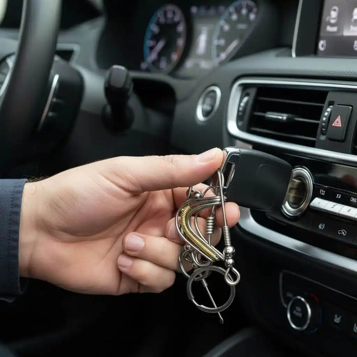 Wire Coiled Birdie Keychain For Him - Limited Edition in hand, attached to car keys, inside a vehicle&