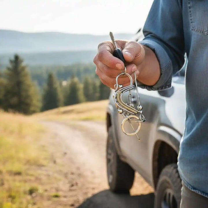 Man holding a Wire Coiled Birdie Keychain For Him - Limited Edition while standing by a car outdoors.