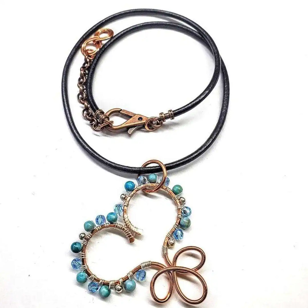 Wire Wrapped Copper Turquoise Heart Infinity Charm Necklace with turquoise beads and Swarovski crystals