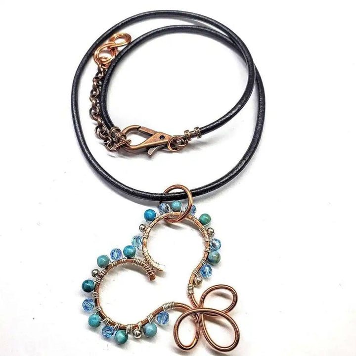 Wire Wrapped Copper Turquoise Heart Infinity Charm Necklace with turquoise beads and Swarovski crystals