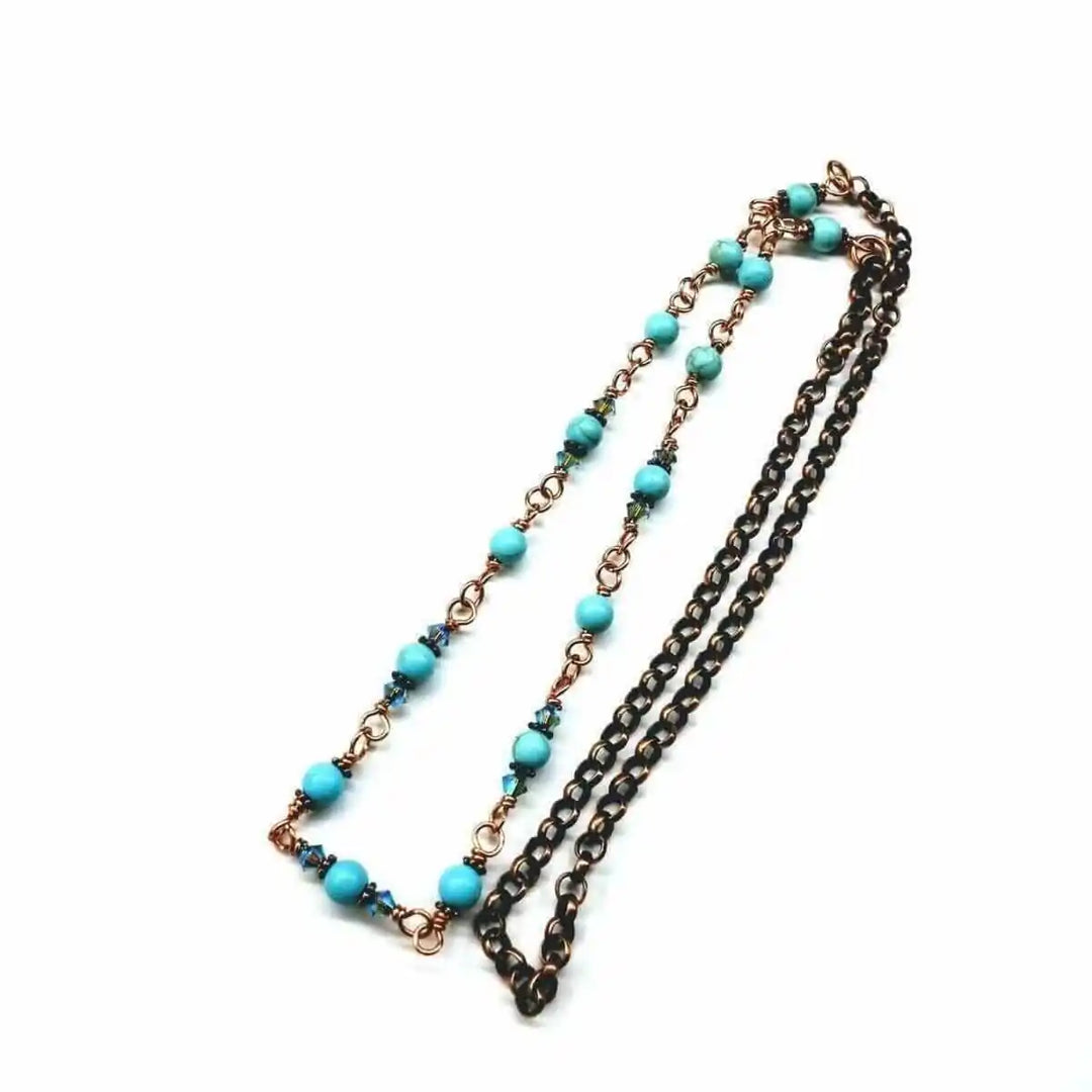 Wire Wrapped 24 Inches Copper Turquoise Necklace featuring turquoise gemstones and antiqued copper accents.