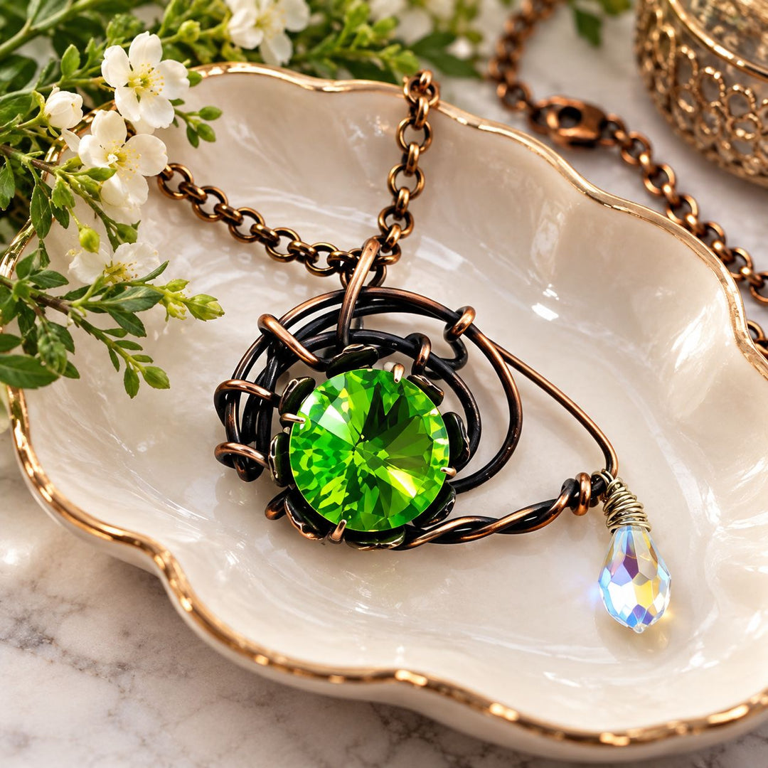 Wire Sculpted Green Eye Crystal Teardrop Necklace