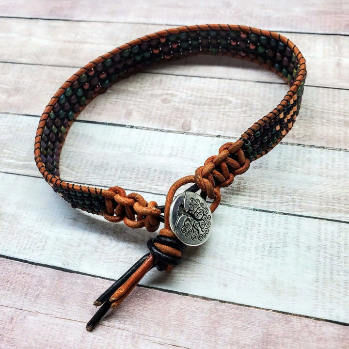 X-Large Leather Intricate Beaded Tree Of Life Bracelet with unique beadwork and leather design.