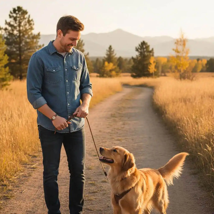 Man walking a golden retriever dog on a sunny trail, surrounded by trees and mountains.