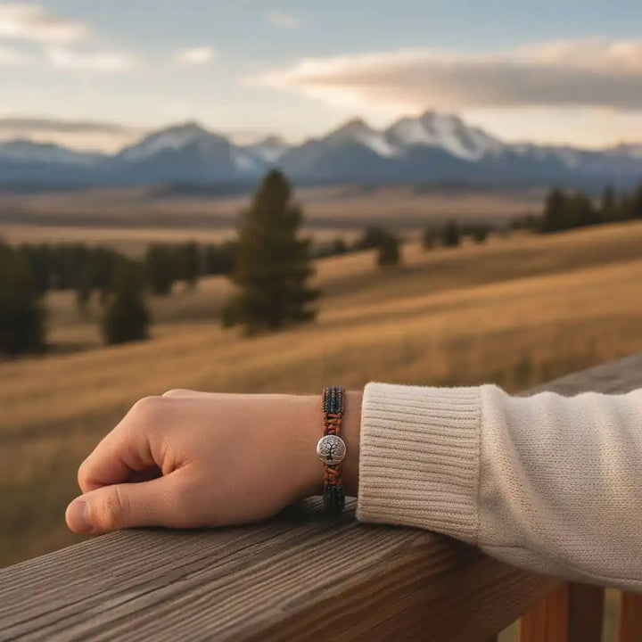 X-Large Leather Intricate Beaded Tree Of Life Bracelet worn on a wrist against a scenic mountain backdrop.