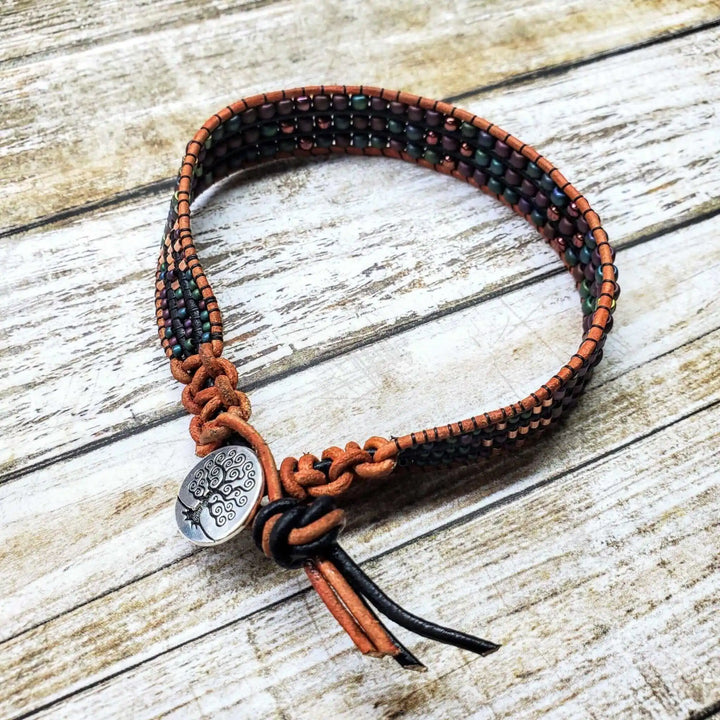X-Large Leather Intricate Beaded Tree Of Life Bracelet showcasing artisan craftsmanship and unique beadwork.