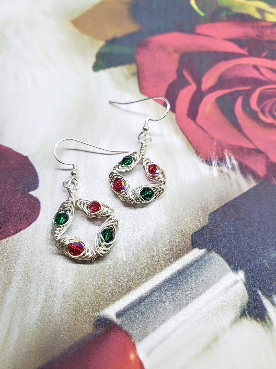 AMDCHB1155-1-AMDCHB1155-2-AMDCHB1155-3-AMDCHB1155-4-AMDCHB1155-5-AMDCHB1155-6 2025 Limited Edition Wire Woven Sterling Silver Red and Green Crystal Wreath Christmas Bundle - Jewelry Set - Alexa Martha Designs   9939274793264