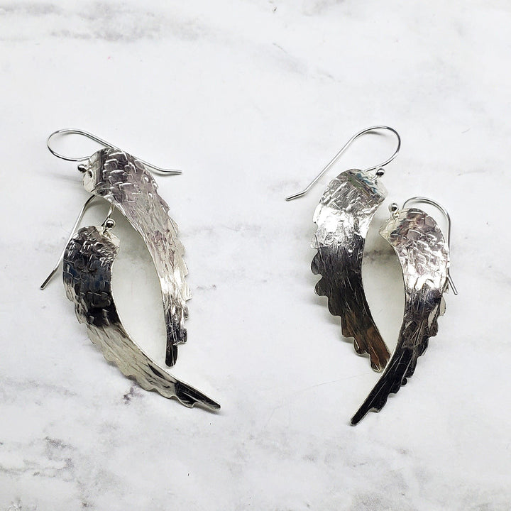 Sterling Silver Hammer Pattern Sculpted Angel Wing Earrings