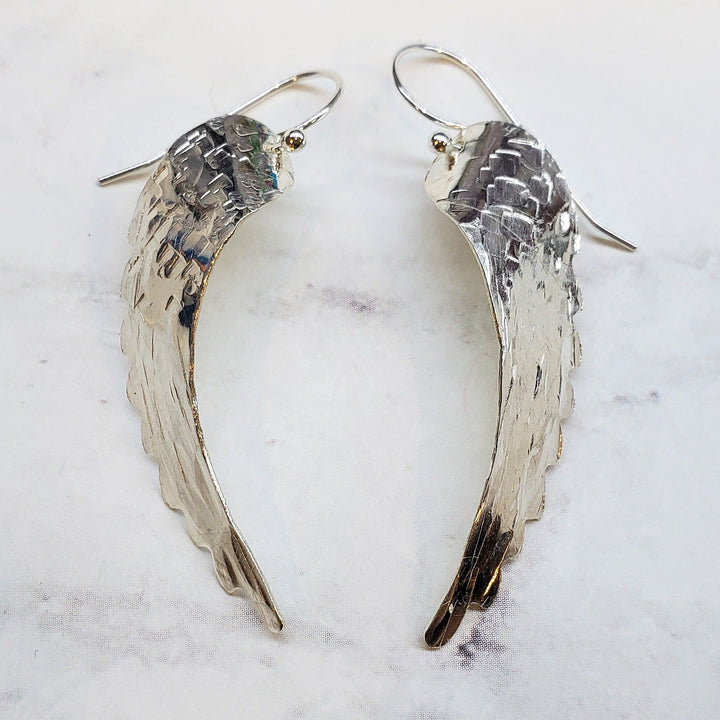 Sterling Silver Hammer Pattern Sculpted Angel Wing Earrings