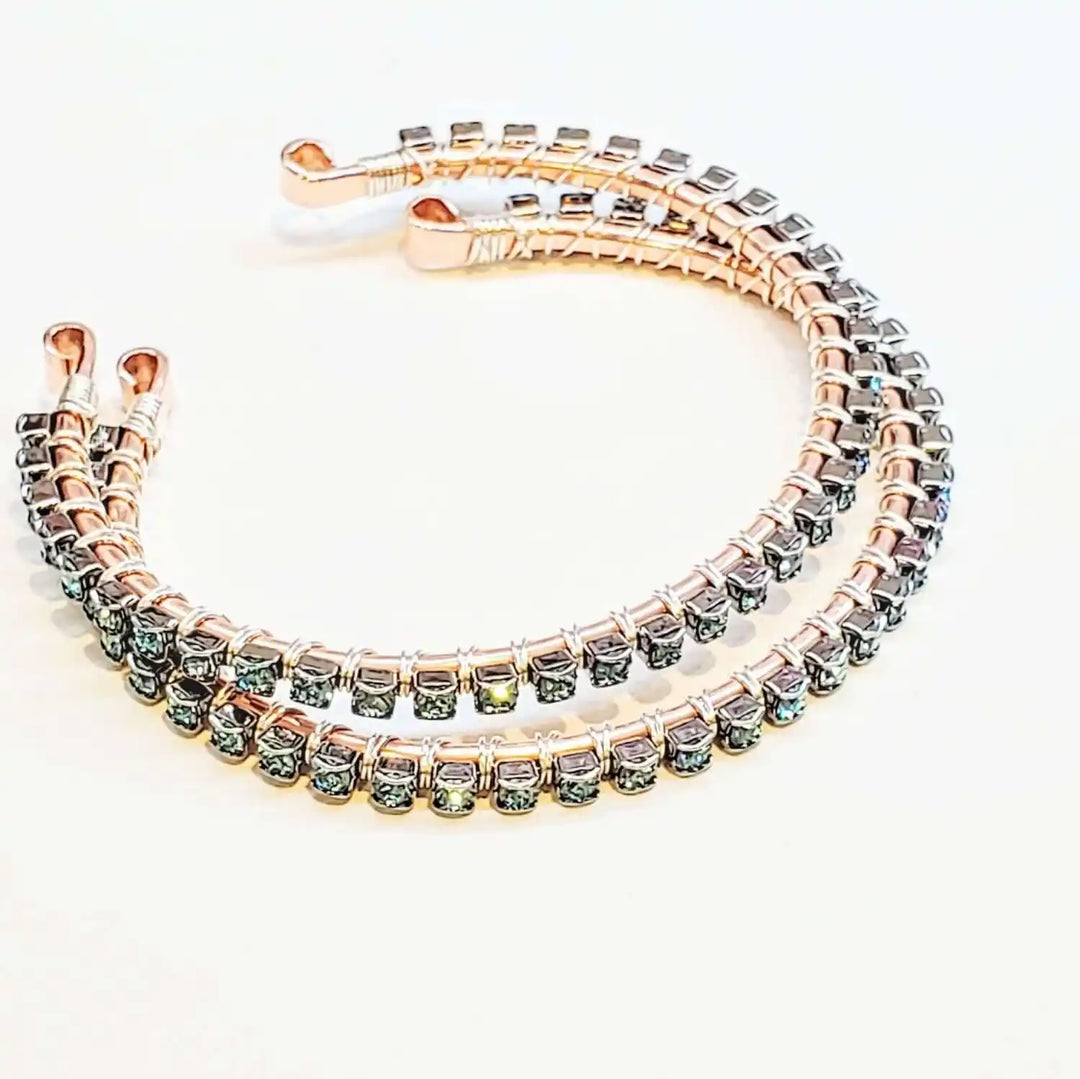 Wire Wrapped Turquoise Crystal Tennis Bangle Bracelet showcasing aqua blue Swarovski-quality crystals on a hammered copper bangle.