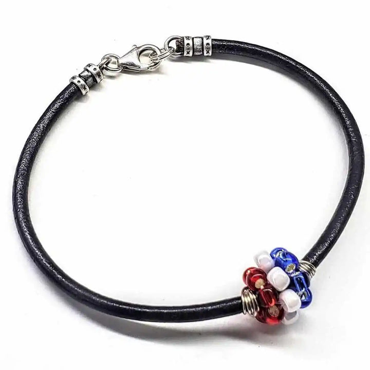 Patriotic Red White Blue Beaded Bead Leather Bracelet showcasing vibrant Swarovski crystals on a leather band.
