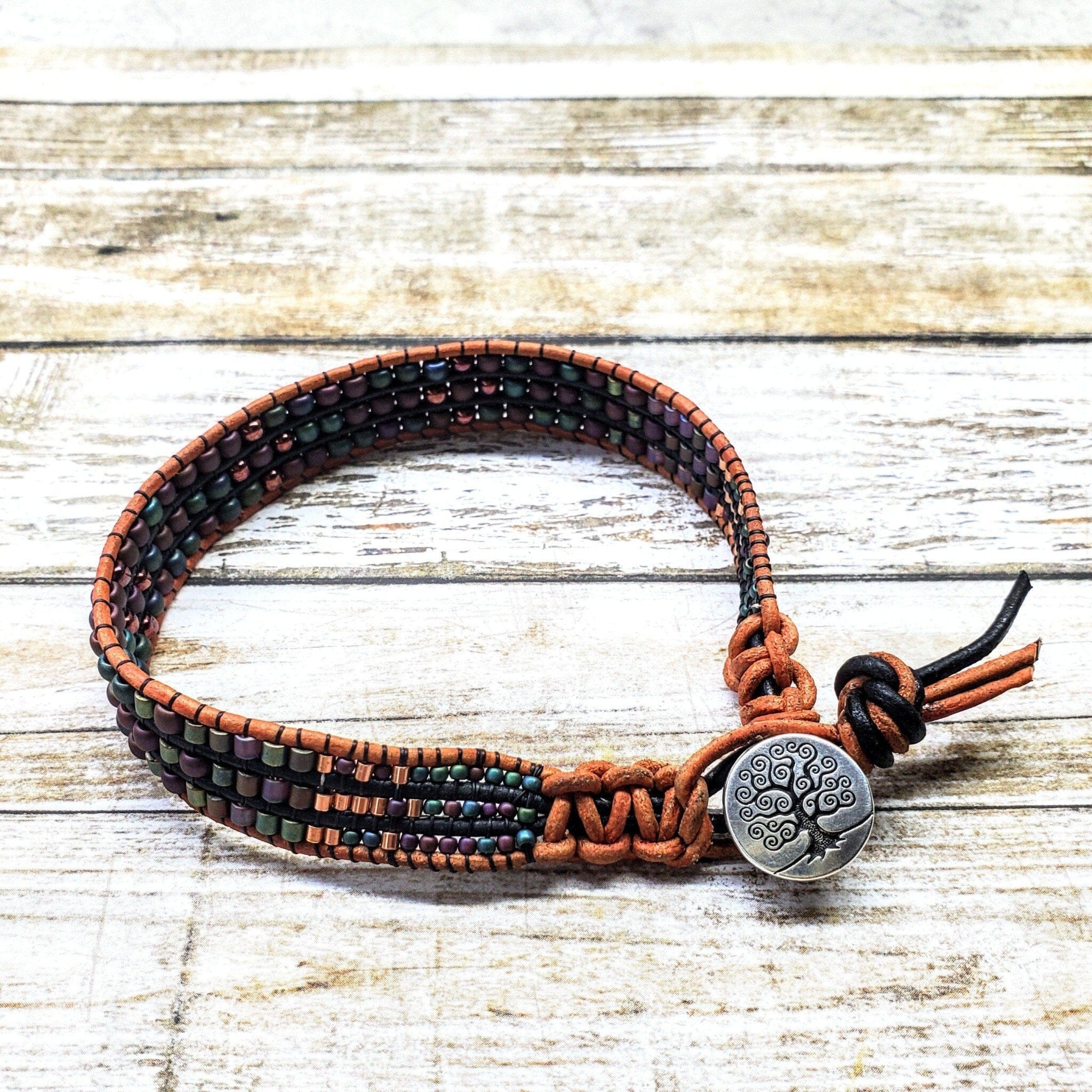 AMD1190-AMD1190-2 X-Large Men's Leather Intricate Bead Work Tree Of Life Button Bracelet - Bracelet - Alexa Martha Designs   