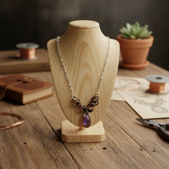 Sterling Silver and Copper Wire Sculpted Amethyst Crystal Drop Necklace