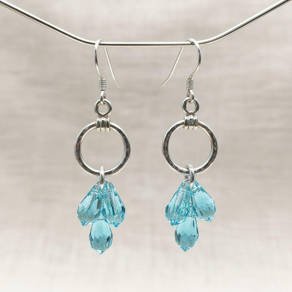 Sterling Silver Hammered Aqua Crystal Cascading Drop Earrings