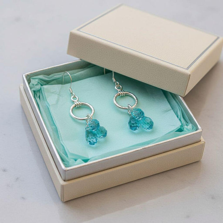 Sterling Silver Hammered Aqua Crystal Cascading Drop Earrings