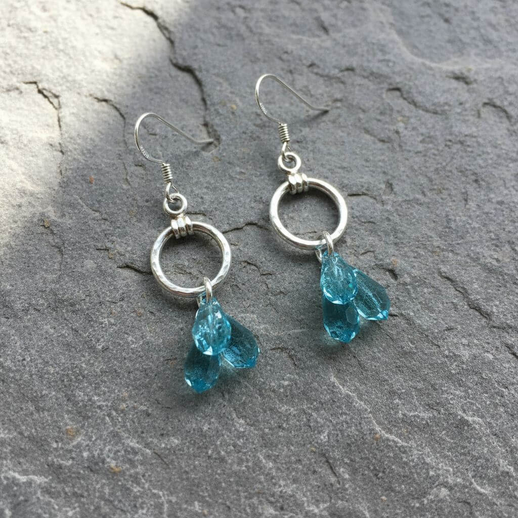 Sterling Silver Hammered Aqua Crystal Cascading Drop Earrings