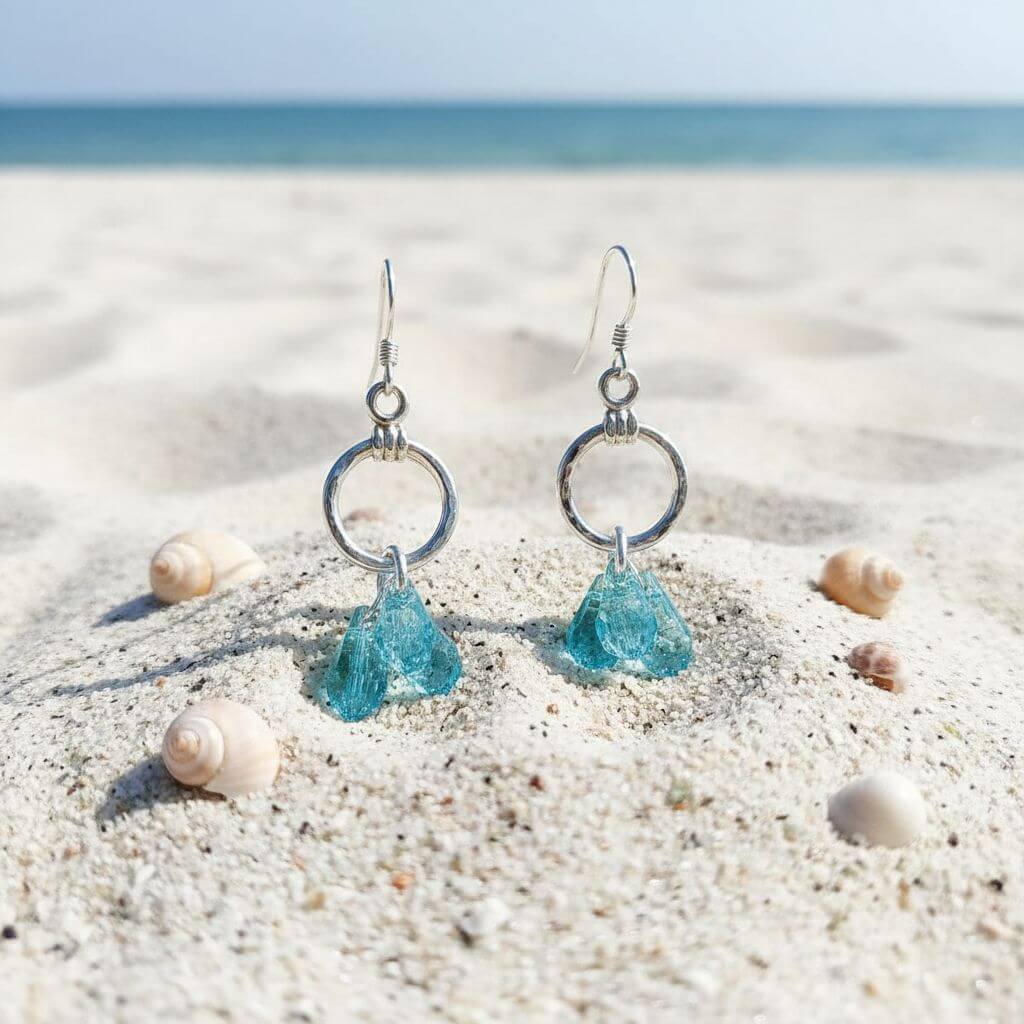 Sterling Silver Hammered Aqua Crystal Cascading Drop Earrings