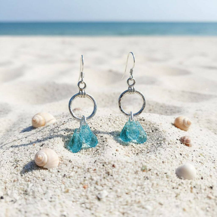 Sterling Silver Hammered Aqua Crystal Cascading Drop Earrings