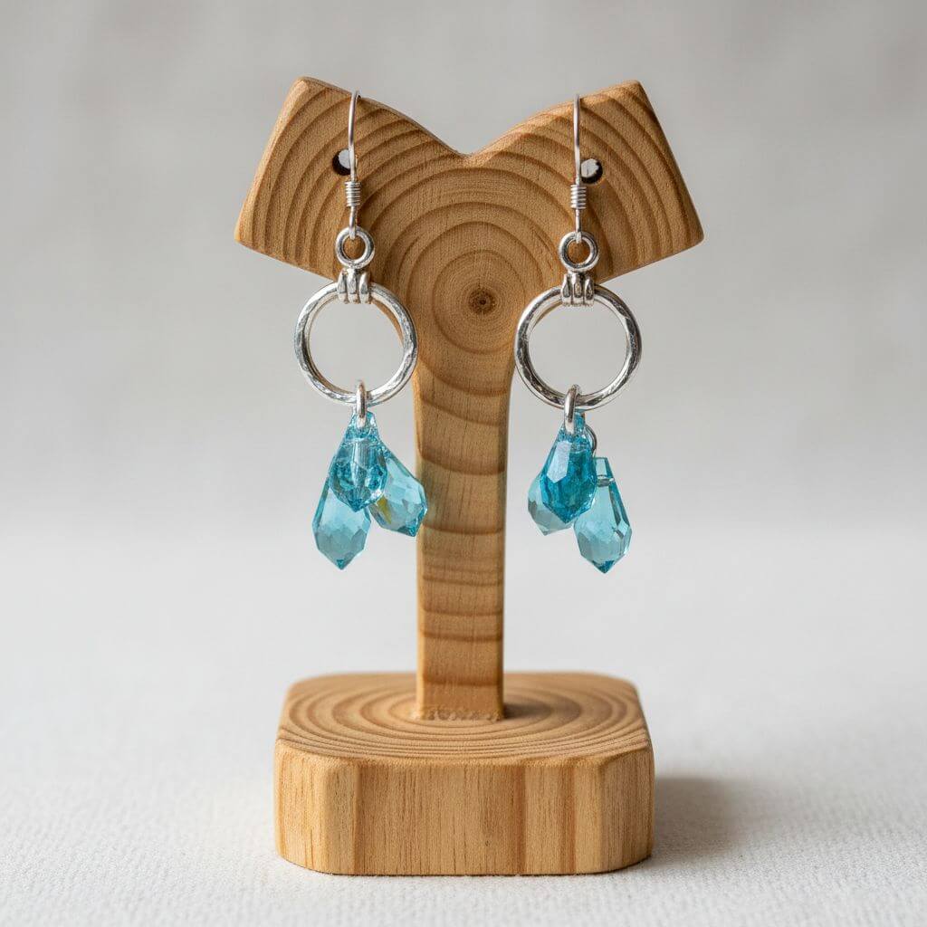 Sterling Silver Hammered Aqua Crystal Cascading Drop Earrings
