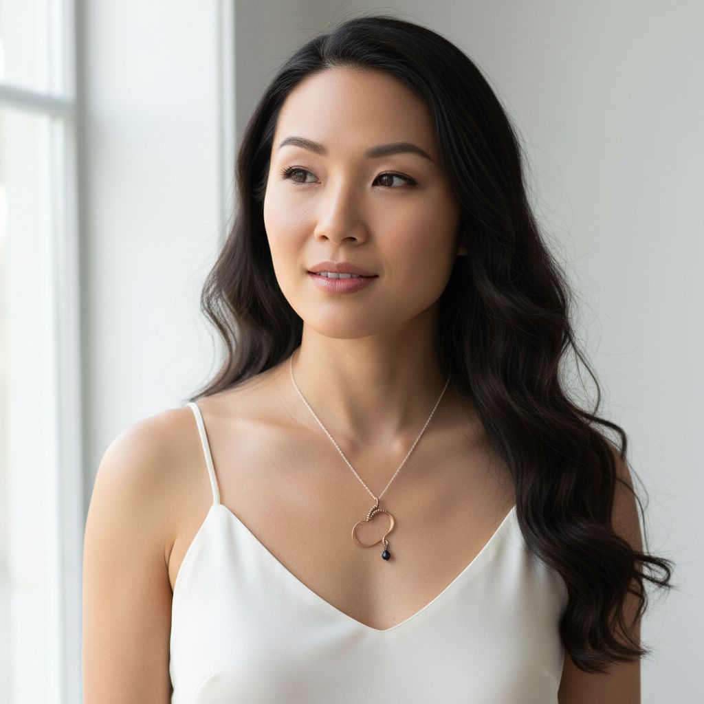 Hammered Copper Butterfly Wing Child Abuse Survivor Necklace worn by a woman, highlighting its elegant design and black Swarovski crystal.