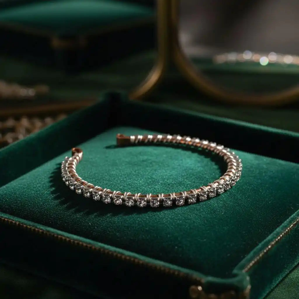 Catch-Free Crystal Rhinestone Tennis Bracelet Bangle displayed on a green velvet surface.