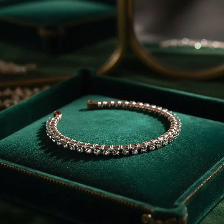 Catch-Free Crystal Rhinestone Tennis Bracelet Bangle displayed on a green velvet surface.