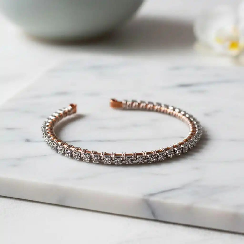 Catch-Free Crystal Rhinestone Tennis Bracelet Bangle featuring clear rhinestones on a hammered copper bangle.