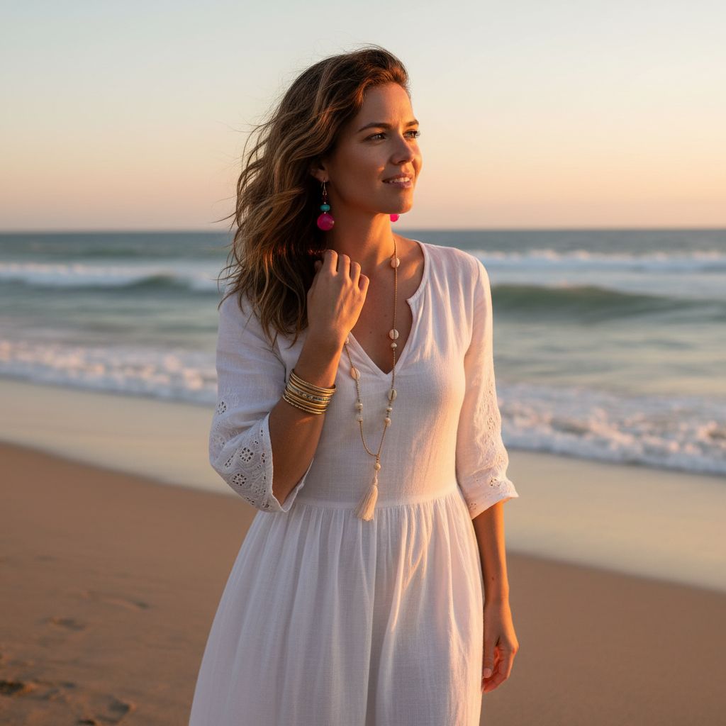 Model wearing Gold Filled Wire Wrapped Pink And Aqua Gemstone Earrings with a white dress on the beach at sunset.