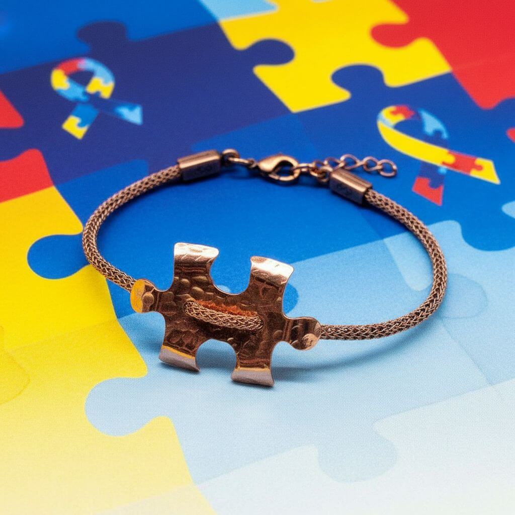 Copper Puzzle Piece Button Viking Knit Autism Awareness Bracelet