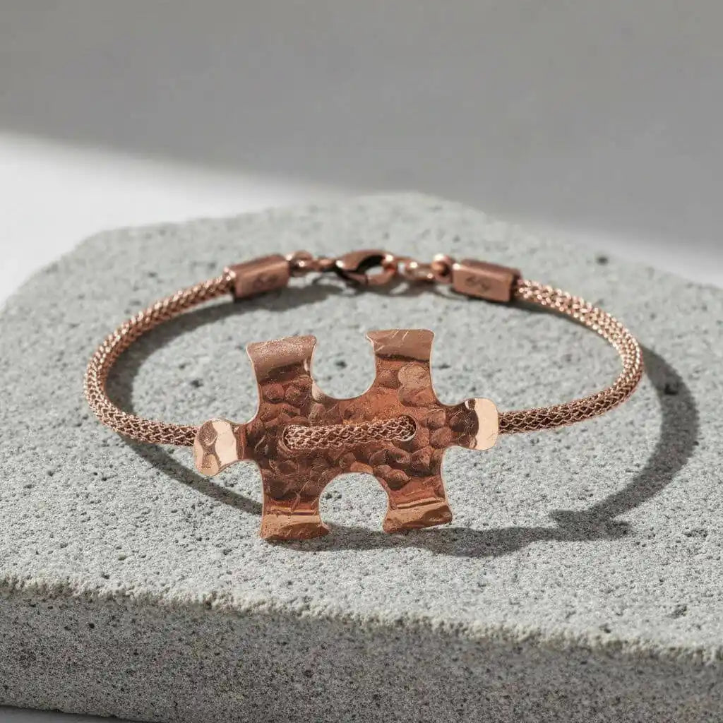 Copper Puzzle Piece Button Viking Knit Autism Awareness Bracelet - Alexa Martha Designs