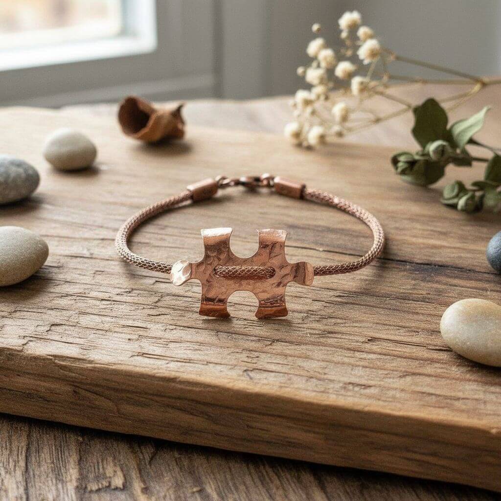 Copper Puzzle Piece Button Viking Knit Autism Awareness Bracelet