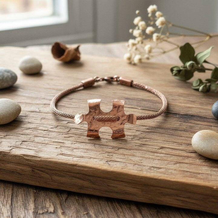 Copper Puzzle Piece Button Viking Knit Autism Awareness Bracelet