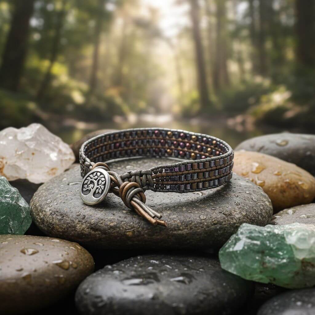 Men's Leather Wrap Bracelet Tree of Life Intricately Beaded