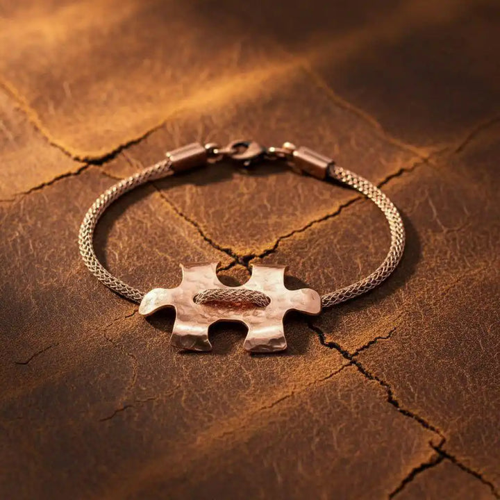 Copper Puzzle Piece Button Viking Knit Autism Awareness Bracelet - Alexa Martha Designs